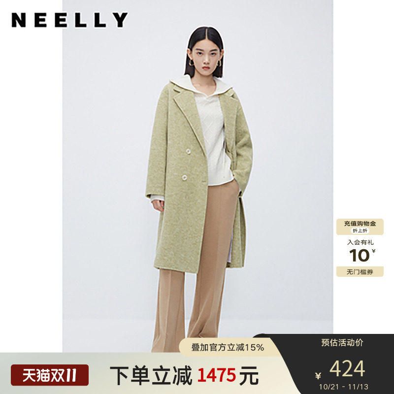 NEELLY纳俪商场同款中长款西装领双面呢大衣韩系气质垂感毛呢外套