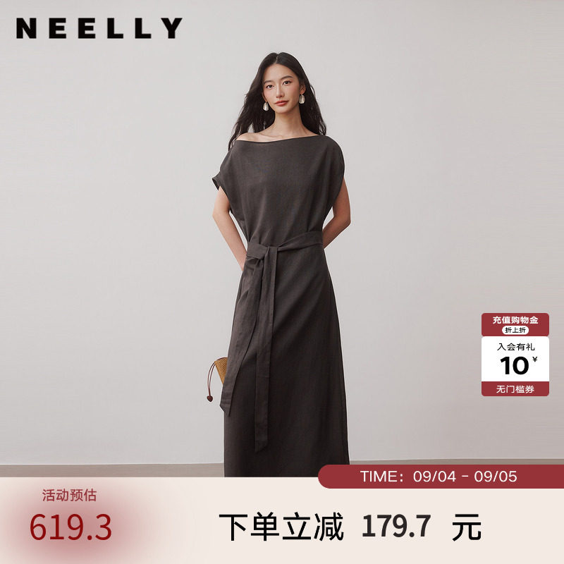 NEELLY纳俪商场同款秋季新款韩系极简风连衣裙女流苏下摆宽松长裙