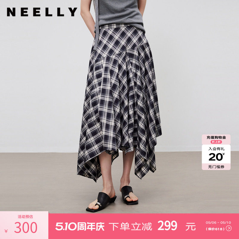 NEELLY纳俪商场同款夏新款不规则格纹半身裙女复古百搭大摆中长裙