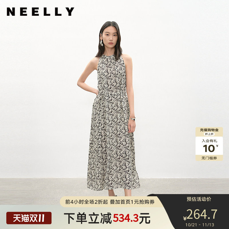 NEELLY纳俪商场同款夏季新款黑白碎花挂脖连衣裙女复古休闲中长裙