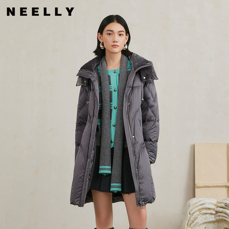 NEELLY纳俪商场同款冬季新款立领连帽长款羽绒服女保暖灰色外套