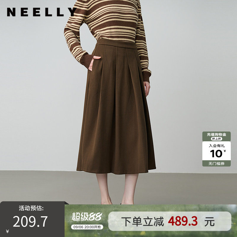 NEELLY纳俪春新款商场同款复古百搭A字半身裙女显白收腰百褶长裙