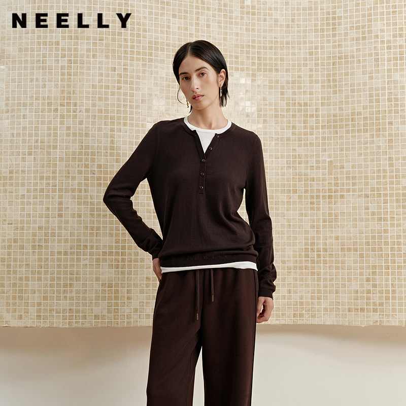 NEELLY纳俪商场同款冬季新款经典圆领假两件针织衫女百搭通勤上衣