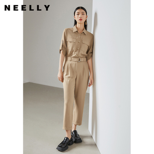 夏新款 女收腰短袖 NEELLY納儷工裝 套裝 休閑直筒褲 風(fēng)連體褲 長(zhǎng)款