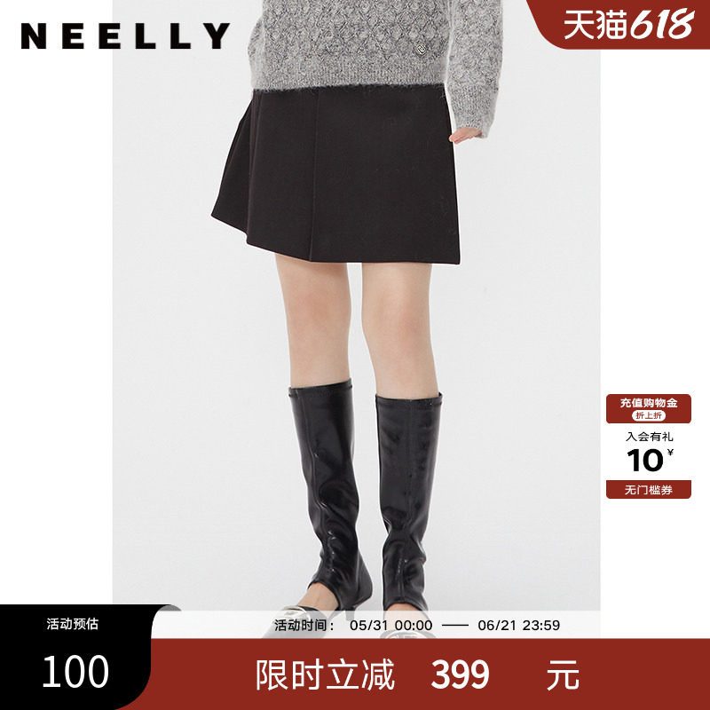 NEELLY纳俪商场同款春秋款百褶裙短裙女黑色简约通勤显瘦A字裙