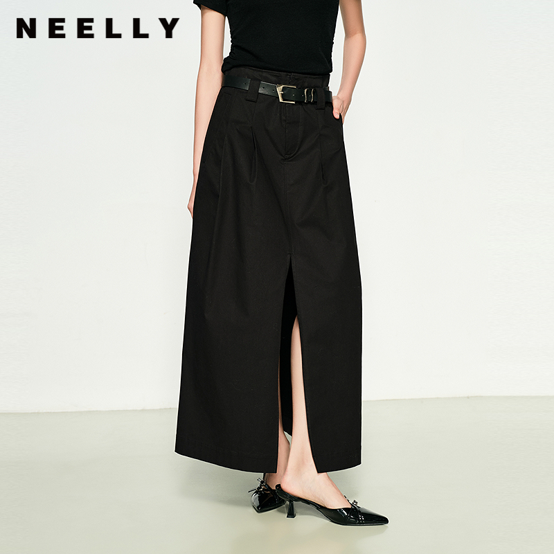 NEELLY纳俪商场同款春新款设计感高腰黑色半身裙女开衩收腰A字裙