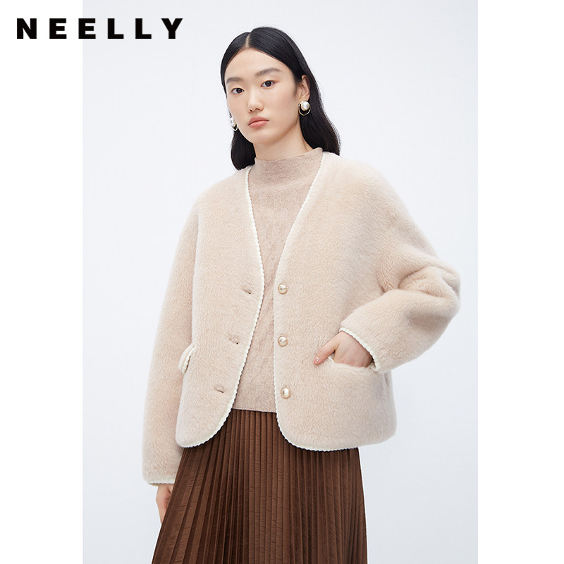 NEELLY纳俪商场同款100%绵羊毛休闲外套女短款高级感保暖毛毛外套