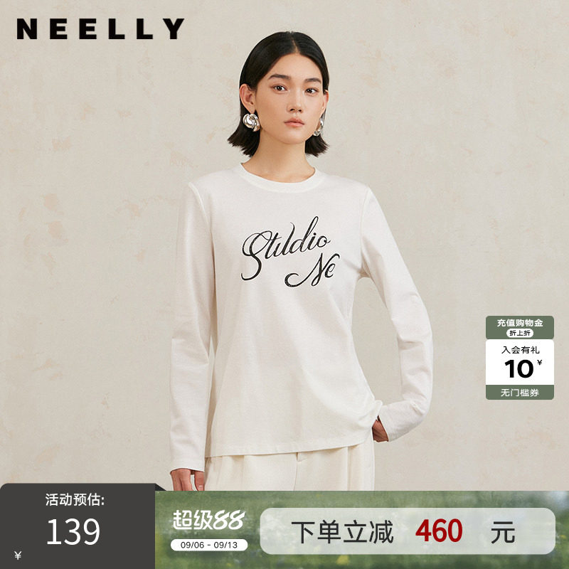 NEELLY纳俪商场同款春秋新款白色T恤女字母印花宽松圆领百搭显瘦