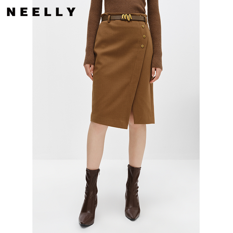 NEELLY纳俪商场同款高腰半身裙女中长款下开叉设计A字裙百搭时尚