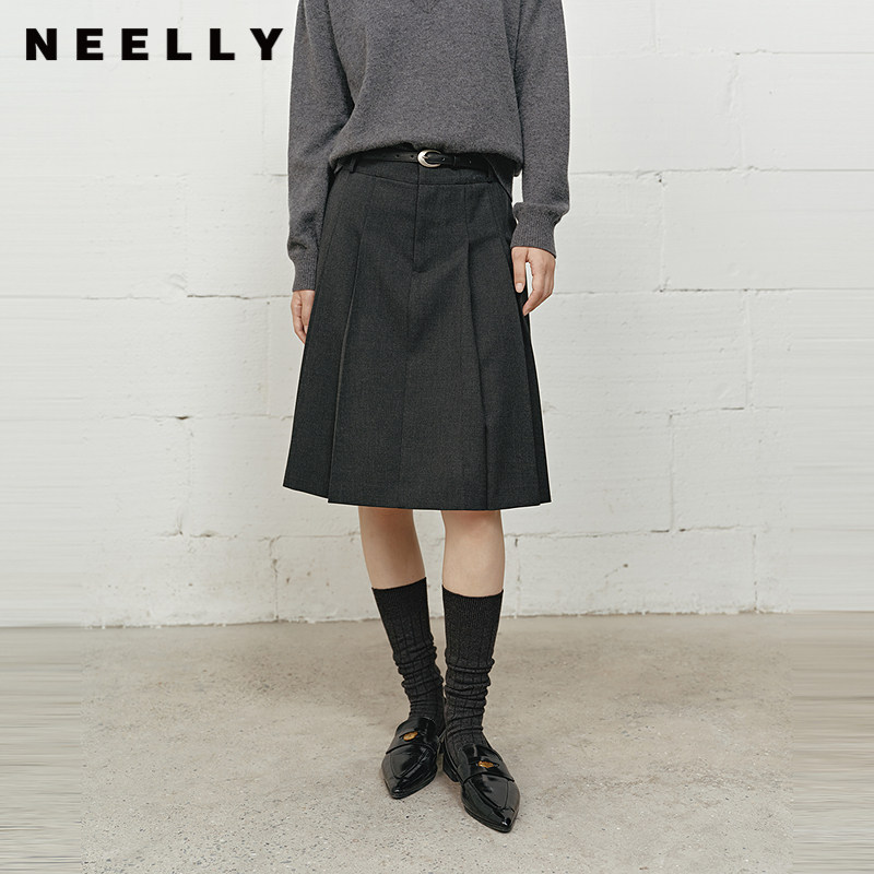 NEELLY纳俪商场同款冬新款百搭学院风A字伞裙女小个子显瘦百褶裙