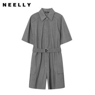 風連體短褲 NEELLY納儷商場同款 灰色高級感工裝 女翻領休閑褲 夏新款