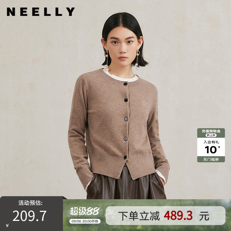 NEELLY纳俪商场同款冬新款100%绵羊毛修身针织开衫女气质通勤毛衣