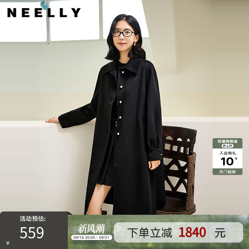 NEELLY纳俪商场同款冬季新款气质通勤纯羊毛长款双面呢大衣外套女