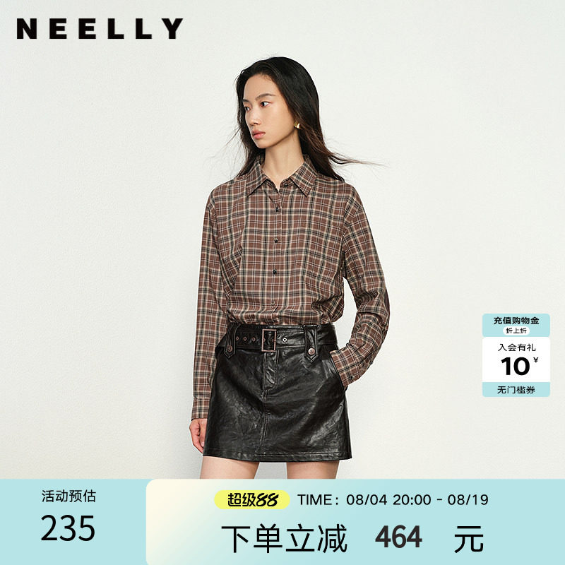 NEELLY纳俪商场同款春秋新款时尚通勤格纹衬衫女长袖百搭外套