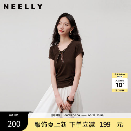 NEELLY纳俪商场同款秋季新款复古丝巾领收腰短袖女V领显瘦休闲T恤
