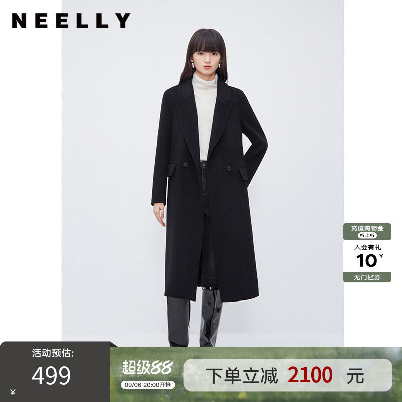 NEELLY纳俪商场同款双面呢外套女冬过膝中长款气质通勤西装式大衣