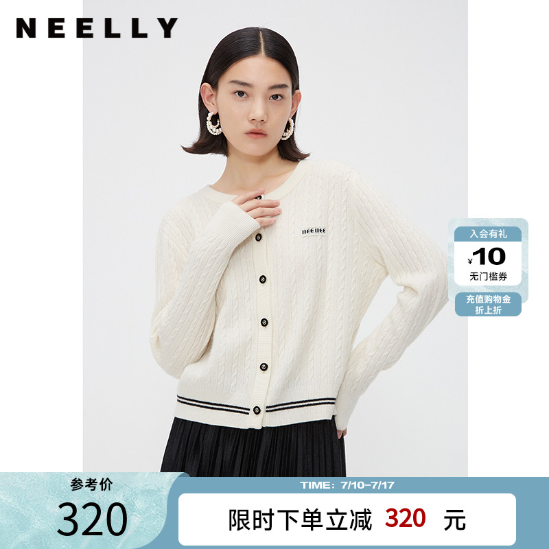 NEELLY纳俪商场同款春款通勤针织开衫女长袖圆领高级感绵羊毛上衣