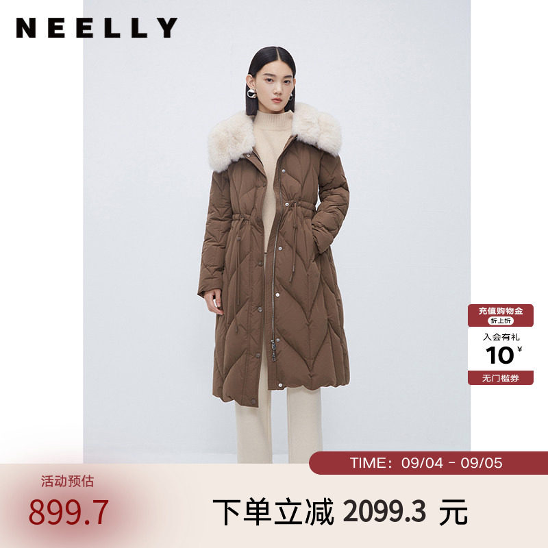 NEELLY纳俪商场同款冬新款狐狸毛领羽绒服气质收腰中长款羽绒大衣