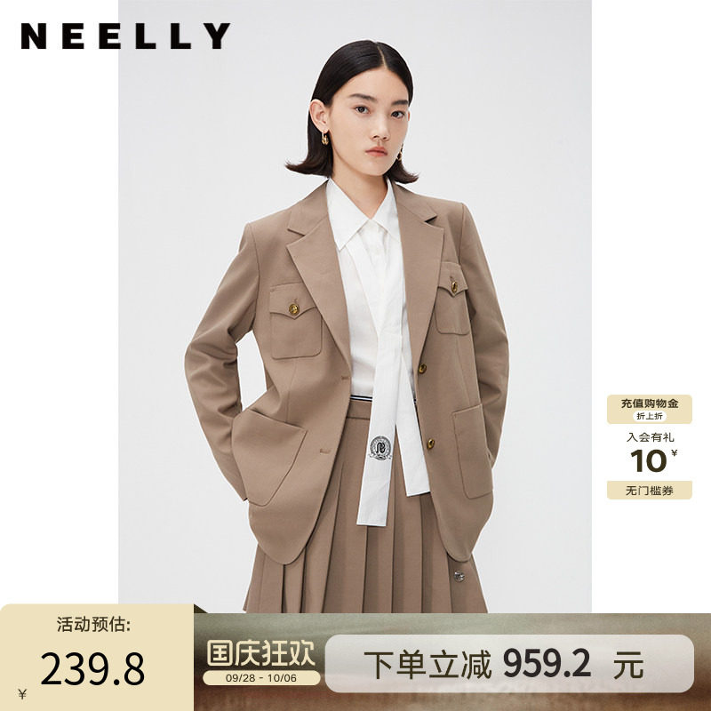 NEELLY纳俪商场同款春秋款英伦风西装外套女韩版金扣挺阔小西服