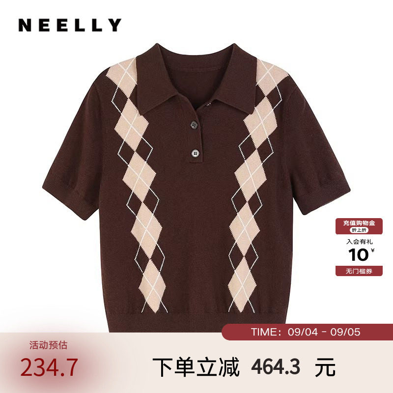 NEELLY纳俪商场同款春秋新款菱格针织短袖设计上衣女减龄针织衫