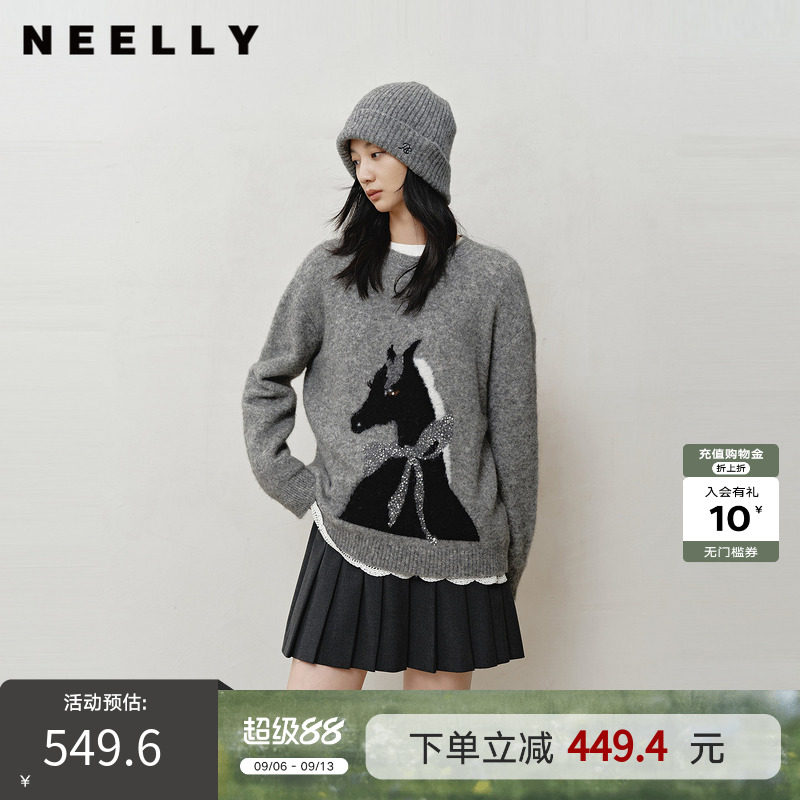 NEELLY纳俪商场同款冬新款时尚卡通趣味圆领针织衫女软糯休闲毛衣