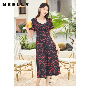 复古方领泡泡袖 NEELLY纳俪夏季 碎花连衣裙女雪纺A字裙露背度假风