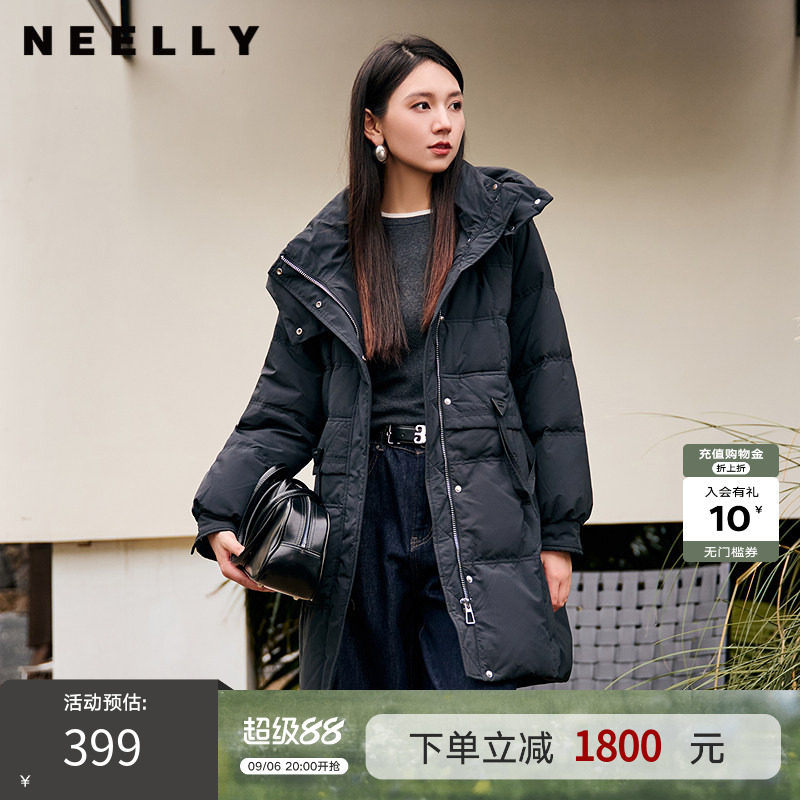 NEELLY纳俪商场同款冬季新款90%鸭绒宽松保暖连帽羽绒服女中长款