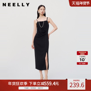 NEELLY纳俪商场同款秋新款醋纤黑色设计感收腰吊带连衣裙女简约
