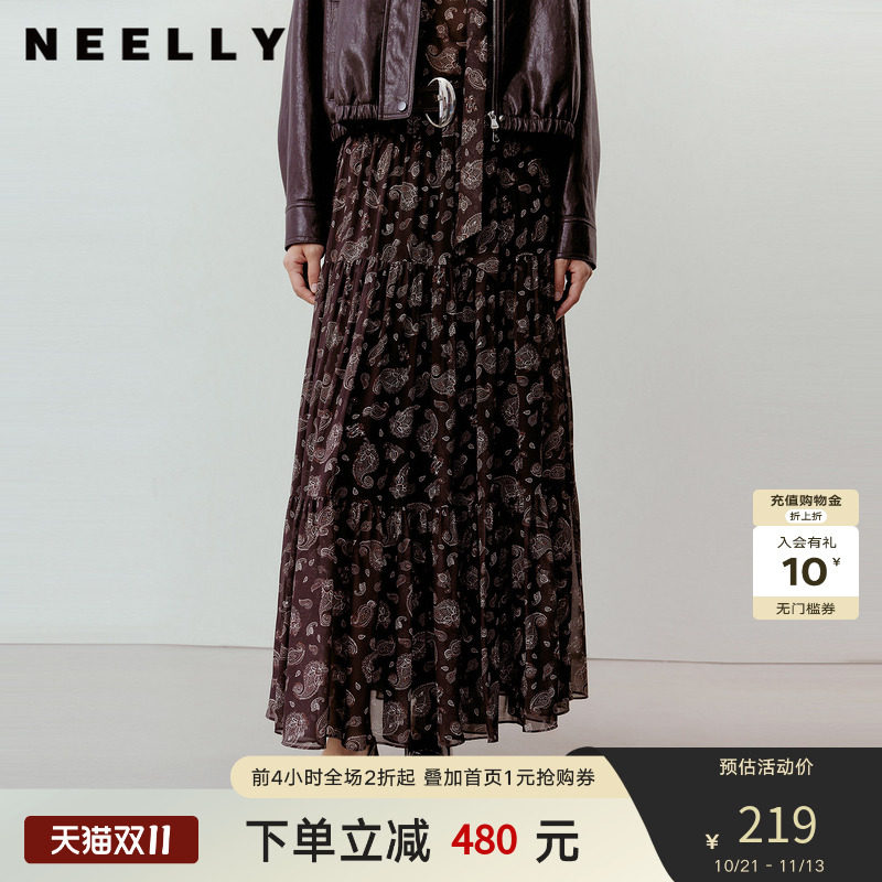 NEELLY纳俪商场同款秋新款时尚复古简约印花半身裙女优雅休闲长裙