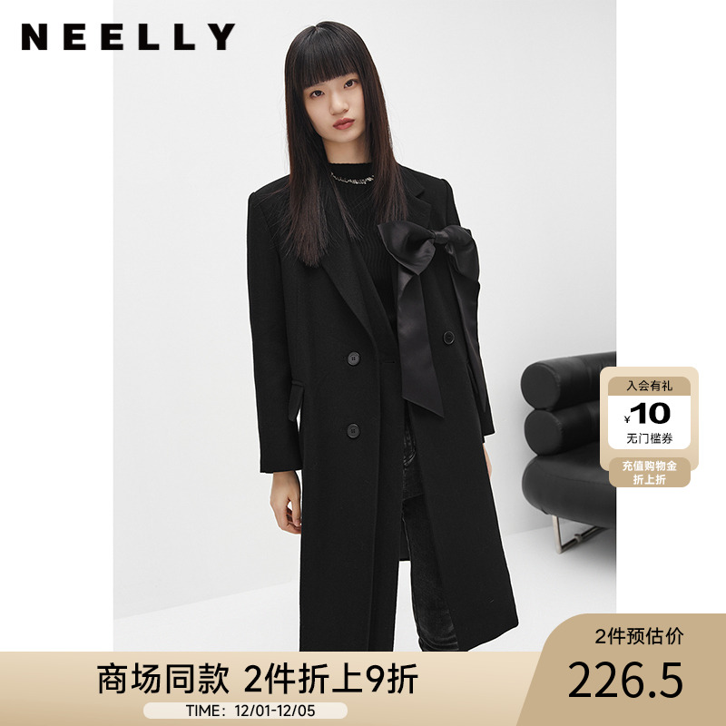 NEELLY纳俪商场同款冬季新款毛呢外套女中长款含羊毛大衣百搭修身