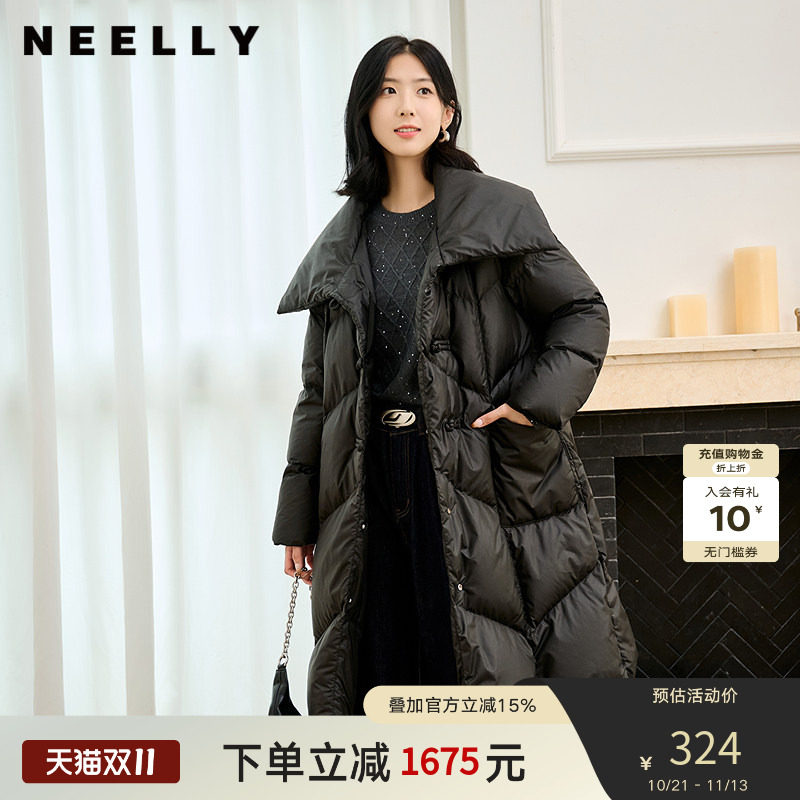 NEELLY纳俪商场同款冬季新款大翻领90%鸭绒中长款保暖羽绒服女