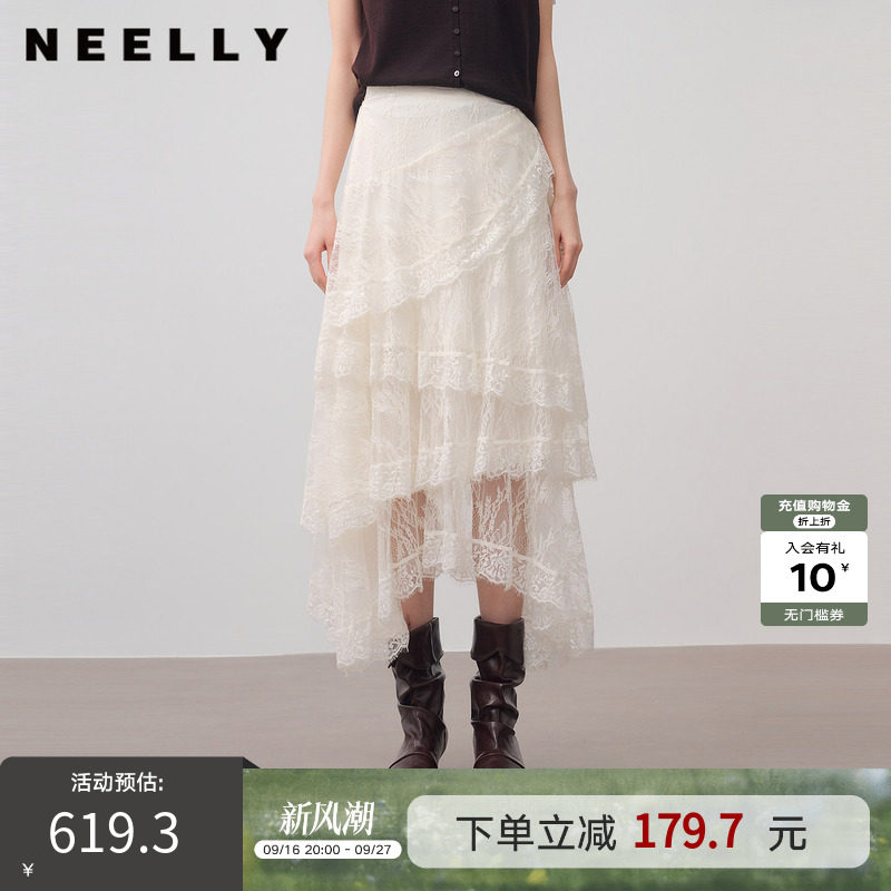 NEELLY纳俪商场同款秋新款不规则蕾丝半身裙女百搭显瘦飘逸A字裙