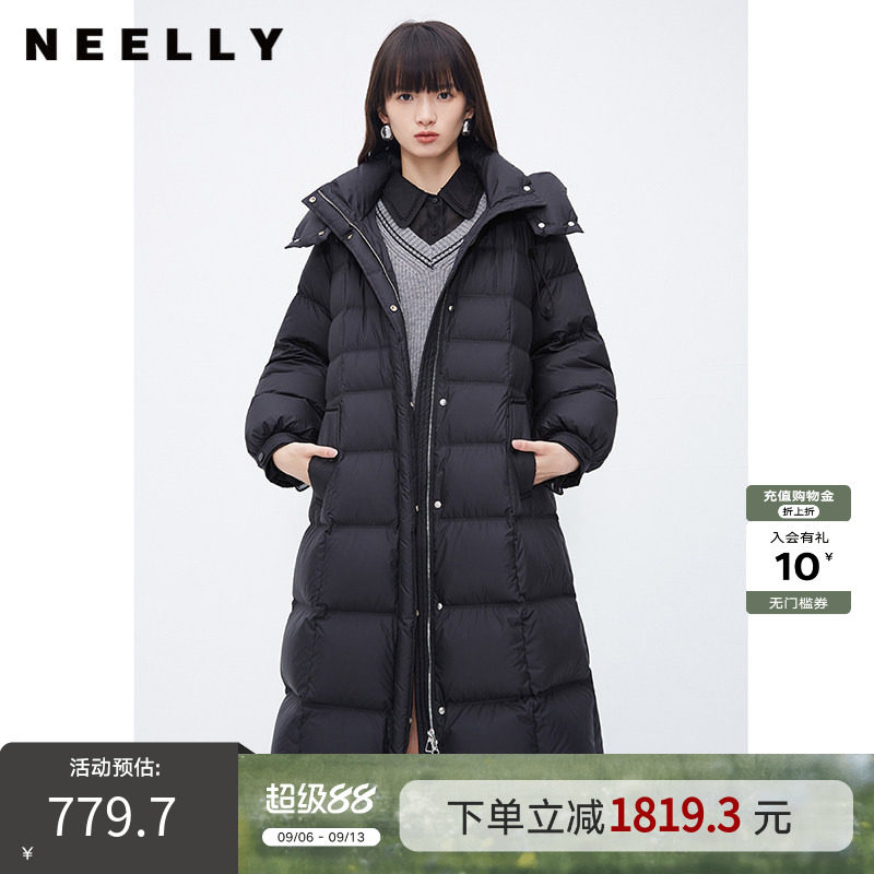 NEELLY纳俪商场同款韩版气质收腰羽绒服女中长款过膝保暖连帽大衣