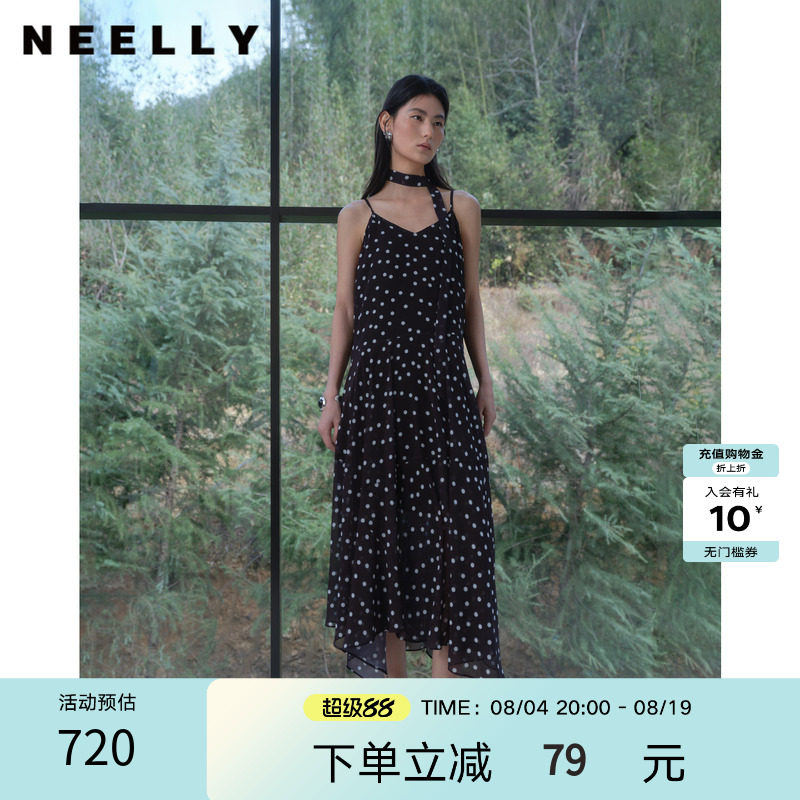 NEELLY纳俪商场同款夏季新款复古波点吊带裙女飘带挂脖撞色长裙