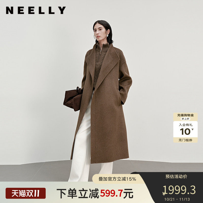 NEELLY纳俪商场同款冬新款复古廓形双面呢大衣女气质简约优雅外套