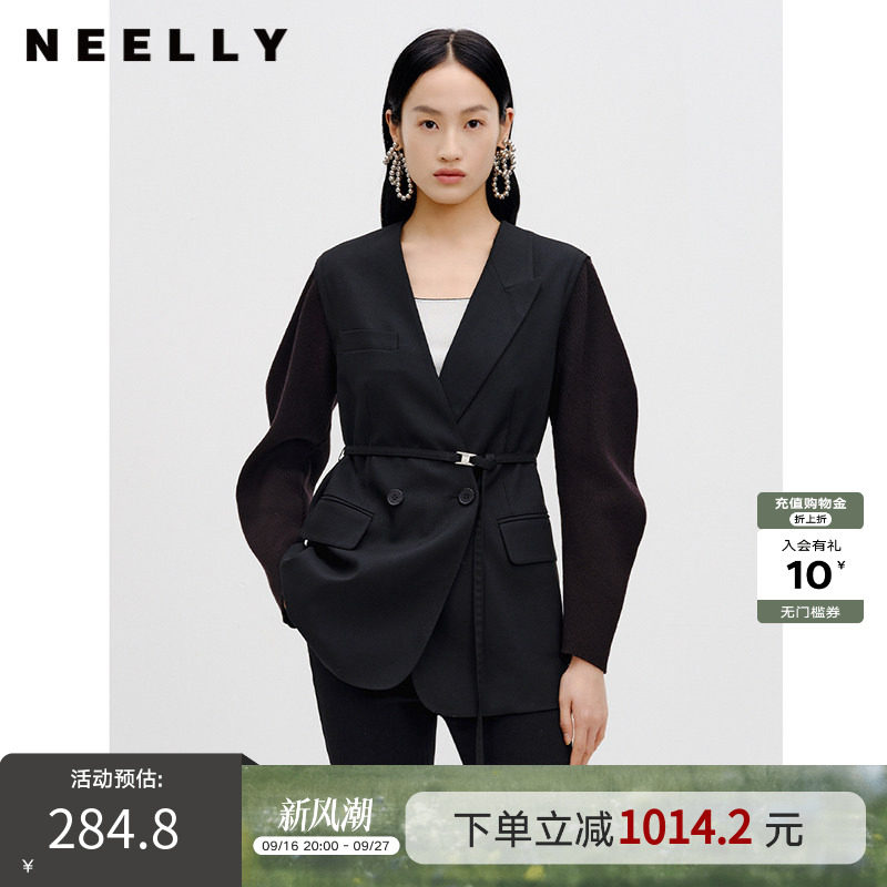 NEELLY纳俪商场同款黑色西装外套春秋新款双排扣系带高级气质感女