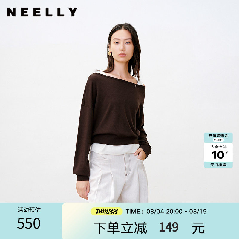 NEELLY纳俪商场同款秋季新款法式休闲一字领针织衫女休闲舒适上衣
