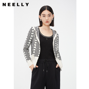 NEELLY纳俪商场同款 女黑白条纹字母连帽上衣 春新款 提花针织开衫