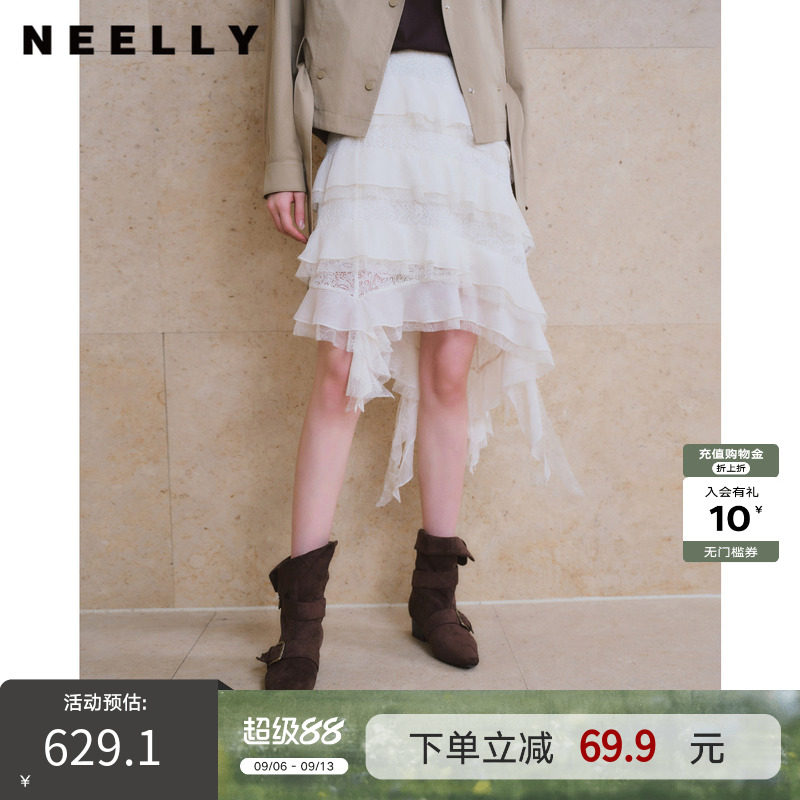 NEELLY纳俪商场同款秋新款不规则蕾丝蛋糕半身裙女荷叶边飘带纱裙