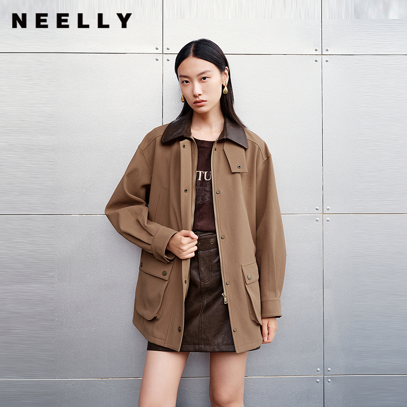 NEELLY纳俪商场同款秋新款复古质感工装廓形外套女气质皮革感上衣