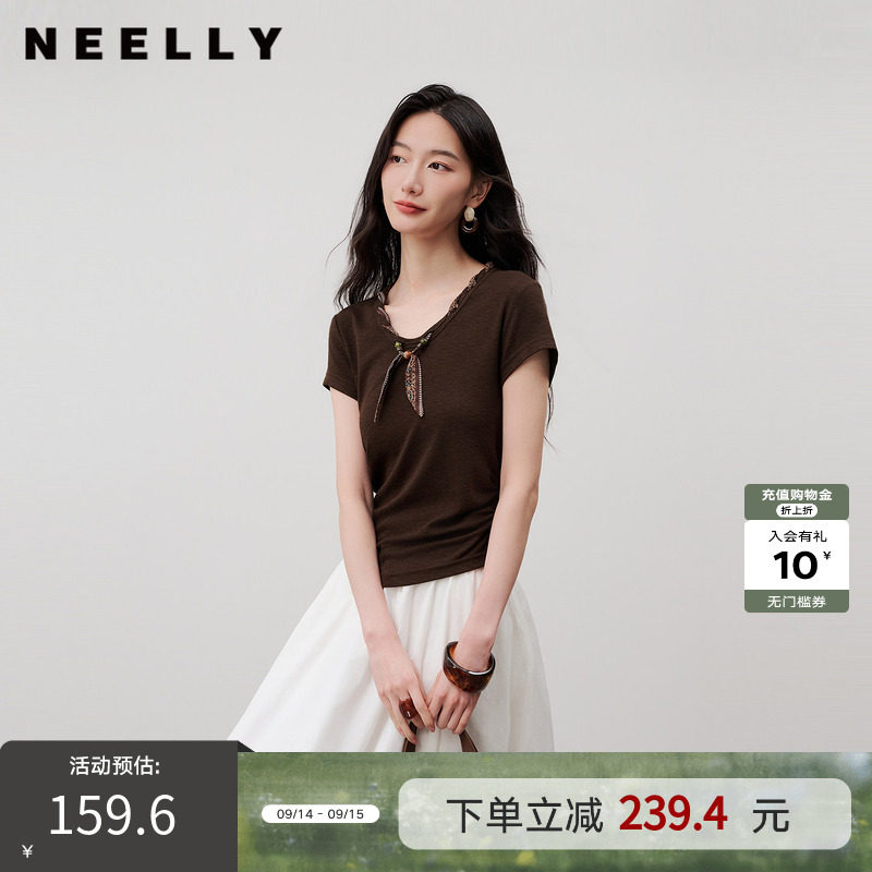 NEELLY纳俪商场同款秋季新款复古丝巾领收腰短袖女V领显瘦休闲T恤
