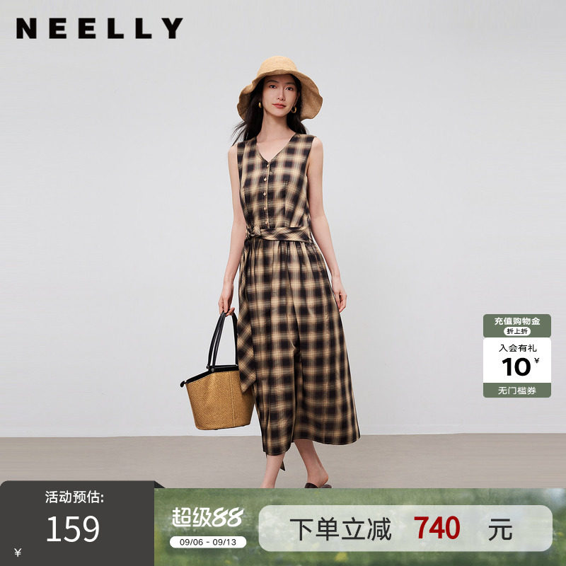 NEELLY纳俪商场同款夏季新款复古格纹无袖连衣裙女单排扣阔摆长裙