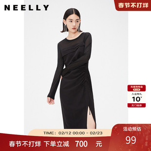 开叉长袖 黑色抽褶显瘦连衣裙女修身 长裙 春秋款 NEELLY纳俪商场同款