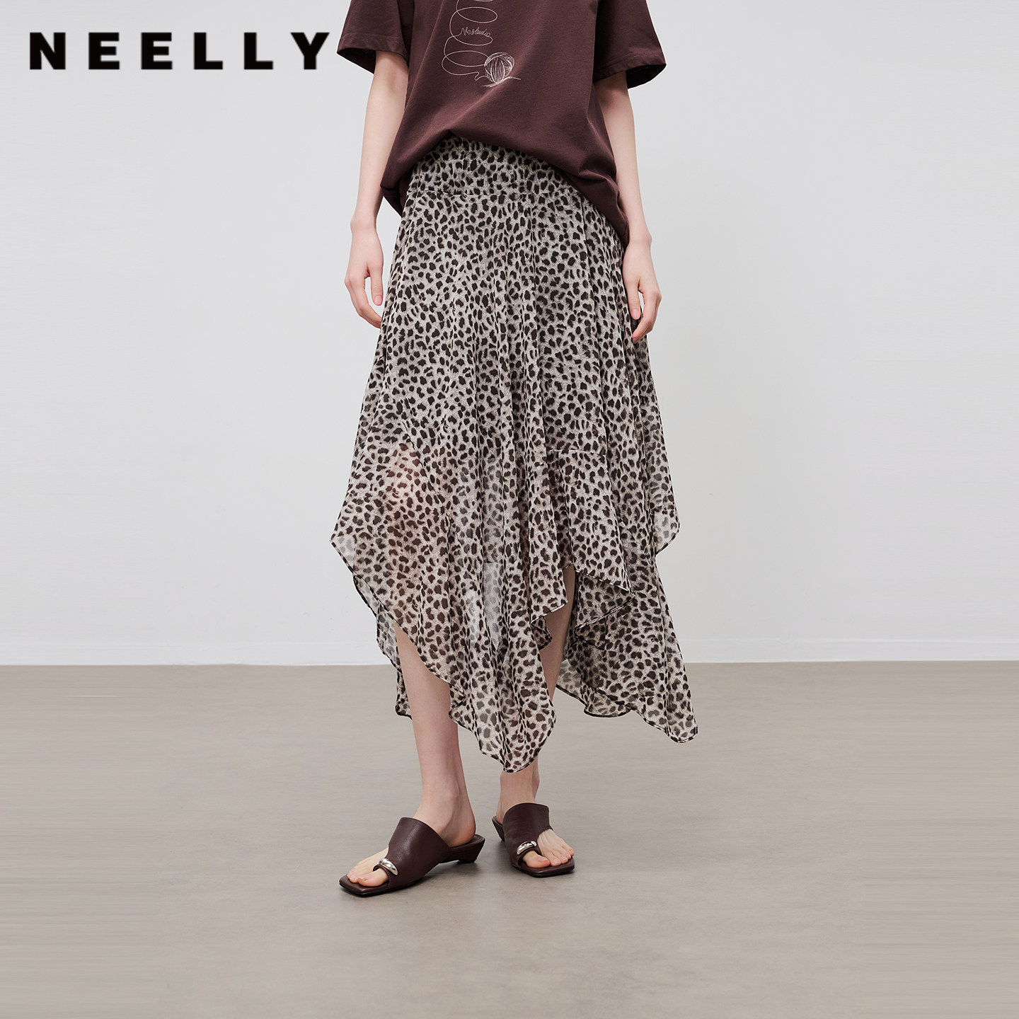 NEELLY纳俪商场同款夏新款豹纹不规则雪纺半裙女个性复古感中长裙