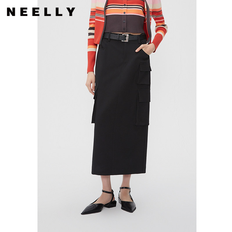 NEELLY纳俪商场同款工装多口袋半身裙女春黑色甜酷机能风直筒长裙