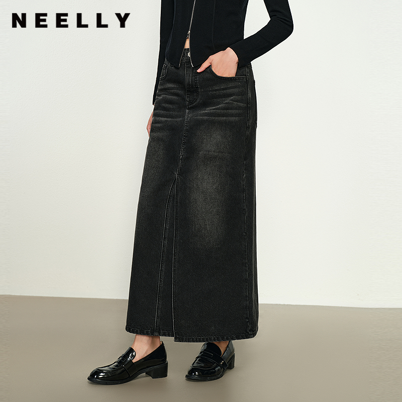 NEELLY纳俪商场同款秋新款A字廓形水洗牛仔百搭半身裙女显瘦长裙