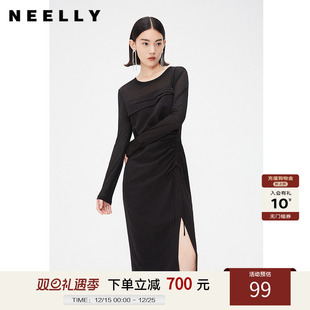 开叉长袖 黑色抽褶显瘦连衣裙女修身 长裙 秋新款 NEELLY纳俪商场同款