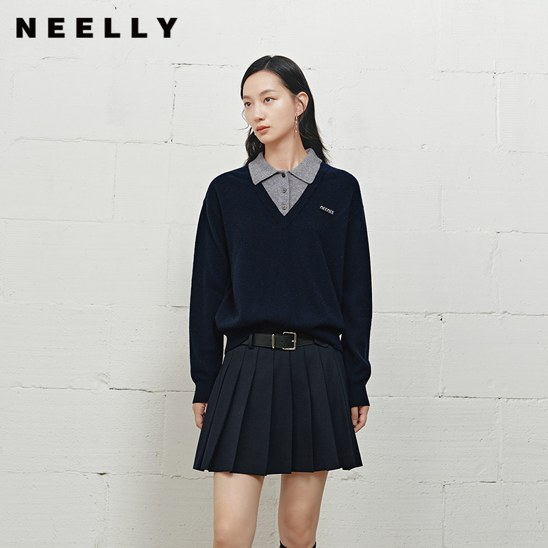 NEELLY纳俪商场同款冬季新款学院风显白宽松针织女撞色慵懒风上衣