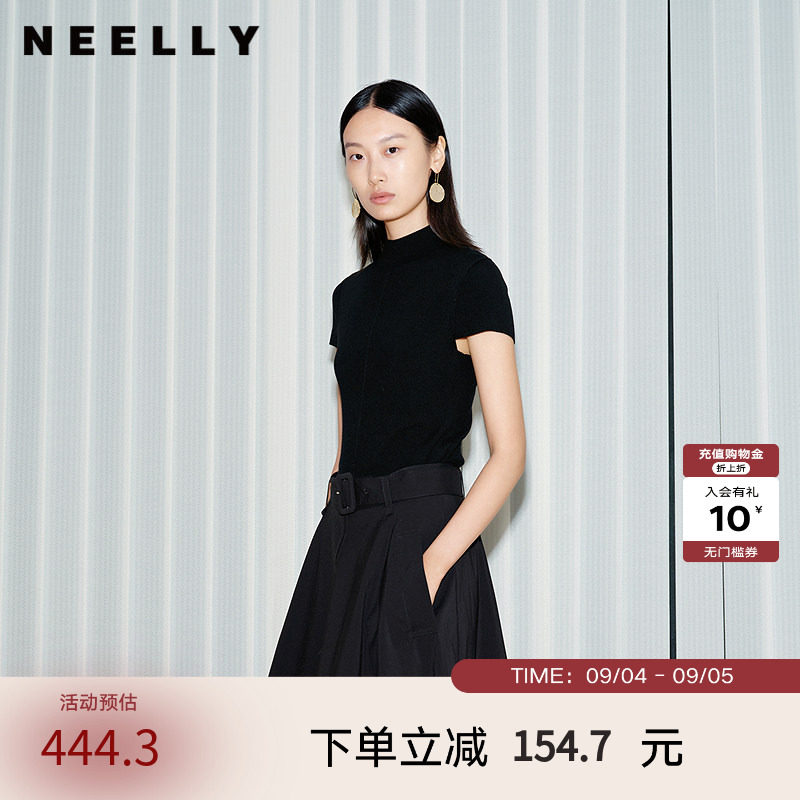 NEELLY纳俪商场同款夏季新款气质半高领短款针织衫女黑色修身上衣