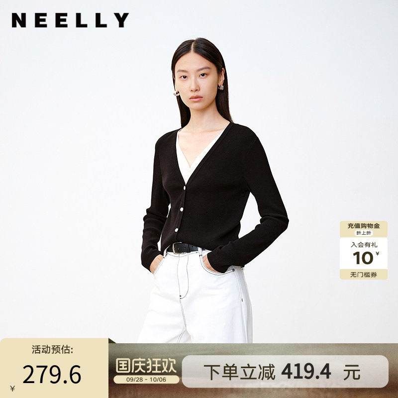 NEELLY纳俪商场同款秋冬新款撞色假两件V领针织衫女软糯舒适上衣
